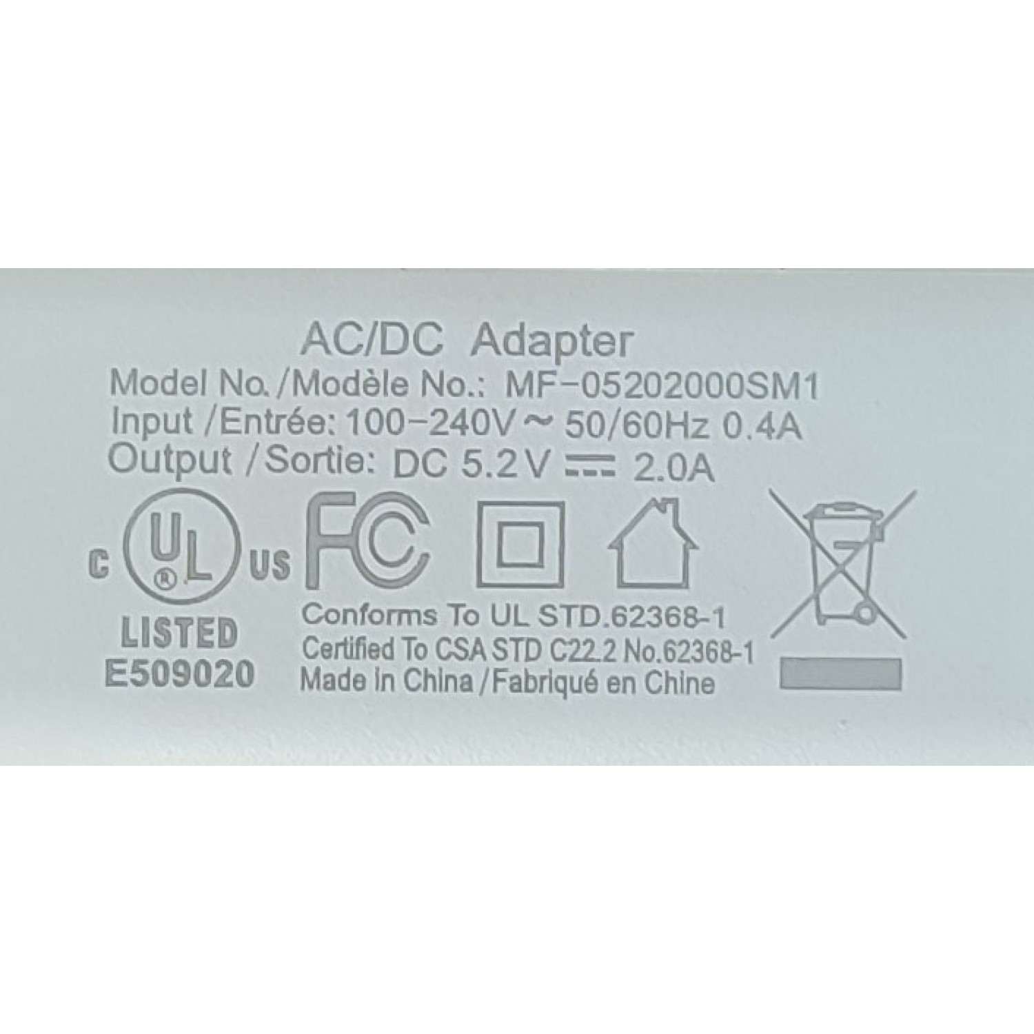ADAPTADOR AC WASSERSTEIN / NUMERO DE PARTE MF-05202000SM1 / ENTRADA 100-240V AC / SALIDA: 5.2VDC- 2.0A 	 - Imagen 2